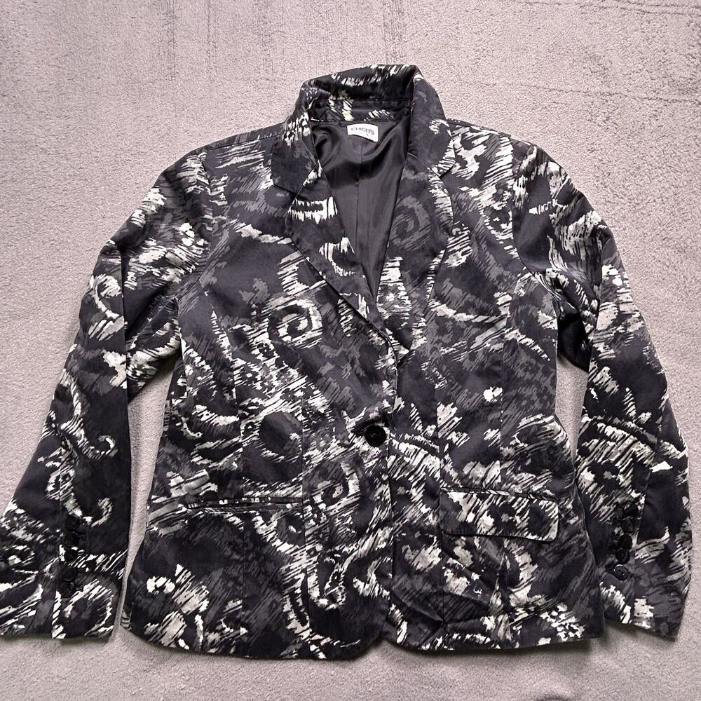 Chico's Blazer Jacket Womens 1 M Abstract Print Black White Art to Wear
